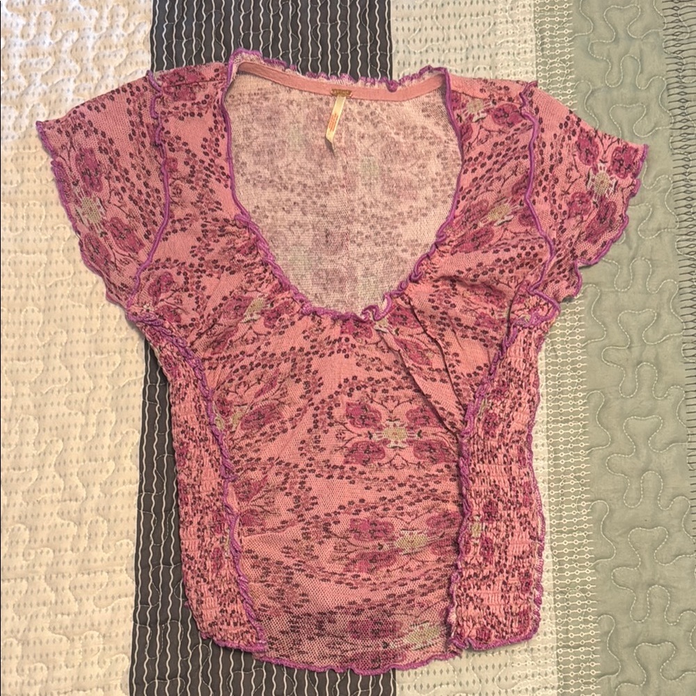 Free People Pink and White Ruched Crop Blouse
